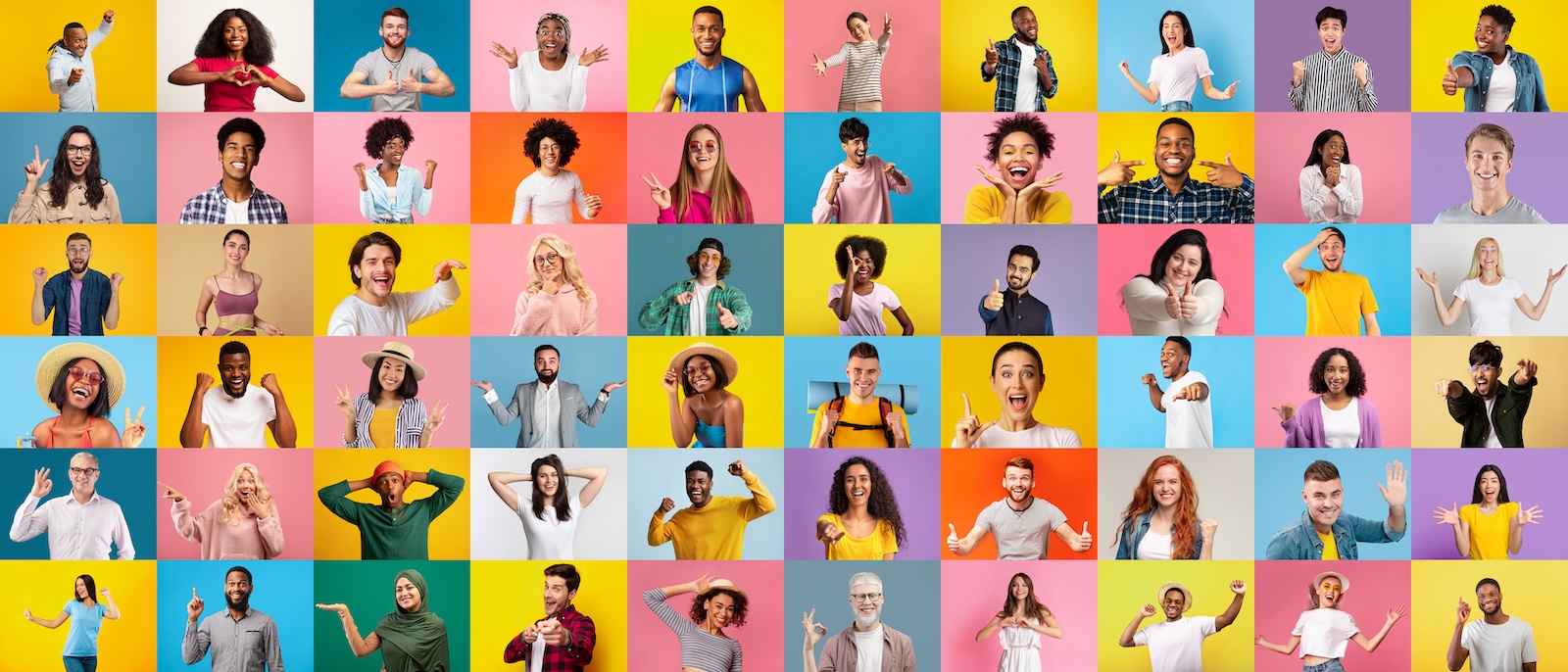 Zufriedene Kunden und Partner, die mit QMAX Webline erfolgreich online sind – vielfältige Menschen mit positiver Ausstrahlung vor buntem Hintergrund.